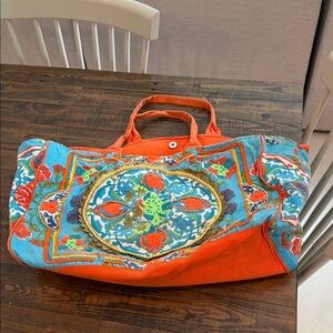 Vibrant Embroidered Tote Bag in Orange and Blue